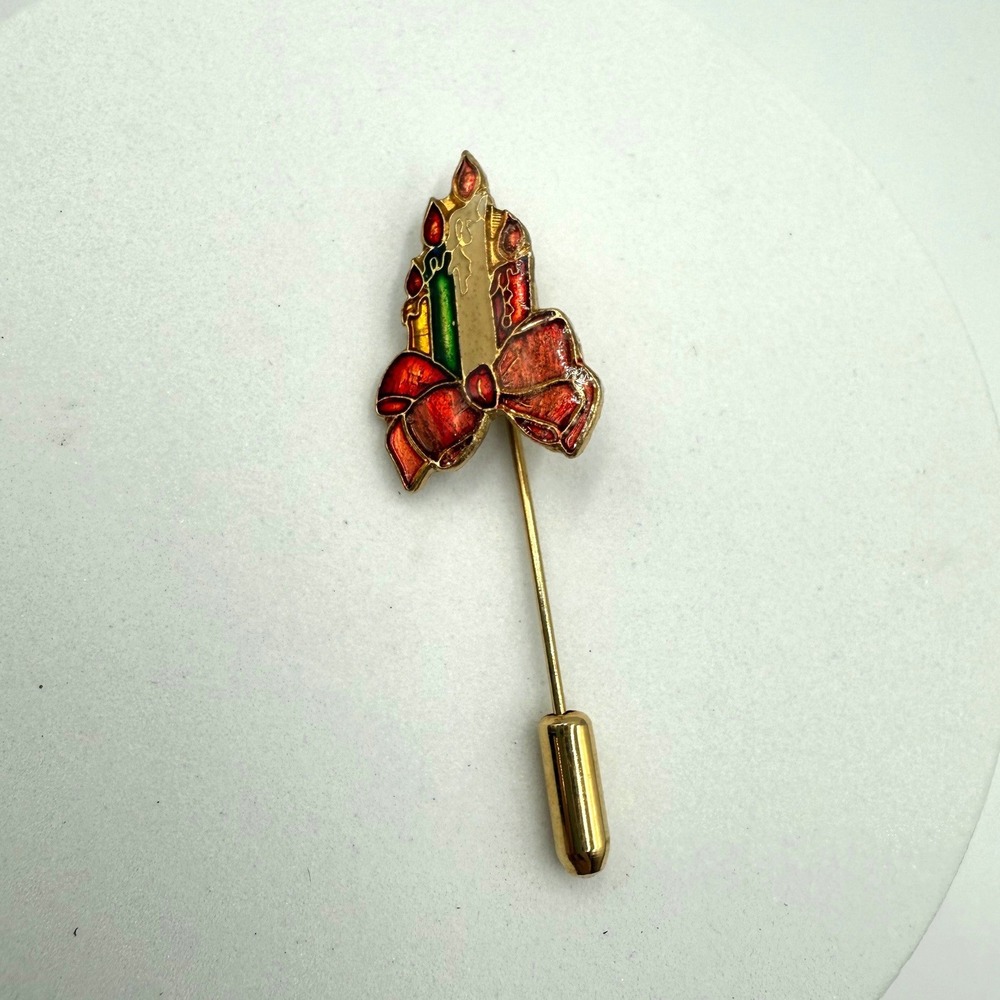 Vintage Christmas Candle Stick Pin Gold Tone Red Bow Enamel Holiday Lapel Pin